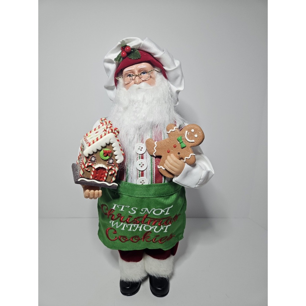 15" Santa's Workshop Baking Santa Figurine Gingerbread House Cookies Green Apron